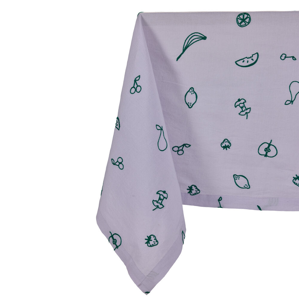 Fruits broderi dug, lilla/grøn- 140x250 cm.